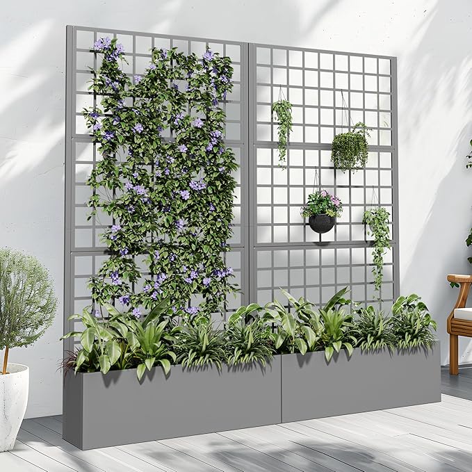 71x35x16 Metal Raised Garden Bed with Trellis Trellis with Planter Box for Backyard Patio Balcony Climbing Plants Gray Lattice