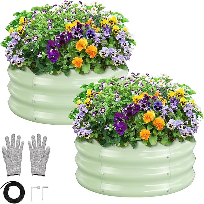 GreatBuddy 2x2x1 ft Round Galvanized Raised Garden Bed Easy-Assembly Raised Bed with Anti-Cut Gloves &amp Tools Rust-Proof Garden Bed for Outdoor Vegetables Herbs Small Trees Green