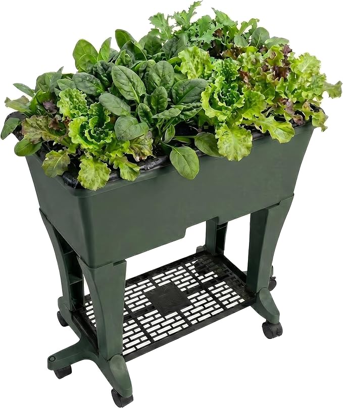 EarthBox Raised Garden Bed with Legs – Elevated Self Watering Planter Box with Wheels Storage Shelf Premium Plant Food Easy Assembly Made in USA Dark Green