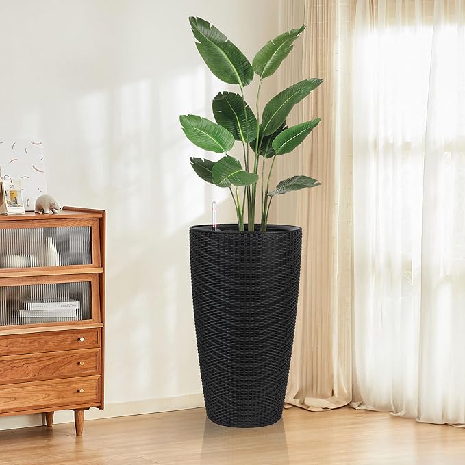 IndoorOutdoor The Appearance is Made of Rattan Planter22.5 inch Black Plastic Large Plant Pot with Automatic Watering System for Home and G (Black 22.5 inch 2 Pack)