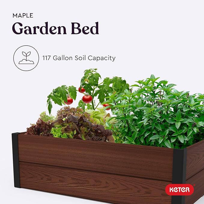 Keter 48 X 48 inches Wood Look Raised Garden Bed Durable Outdoor Herb Garden Planter for Vegetables Flowers and Succulents Brown