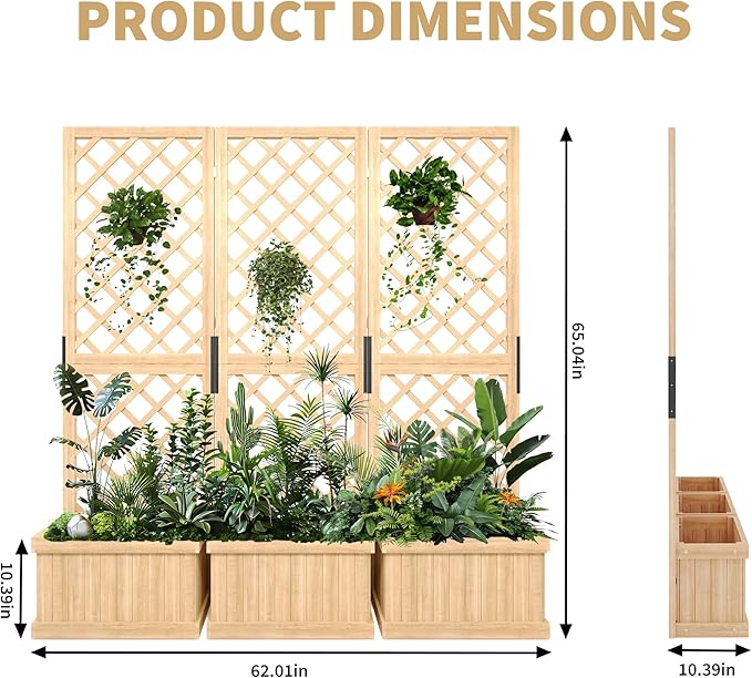 Cedar Wood Garden Bed Privacy Screen &amp Planter Box - 62 W x 10 D x 65 H Freestanding Outdoor Fence Panel 3 Hinged Screens with Drainage Raised Bed Kit for Yard Patio Deck