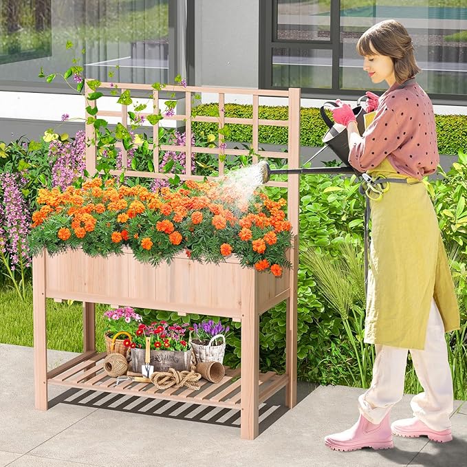 S AFSTAR Raised Garden Bed with Trellis 42x21x58in Elevated Planter Box with Legs Bottom Storage Shelf Planter Liner Wood Standing Planter Stand for Climbing Plants Flowers Vegetables Herbs