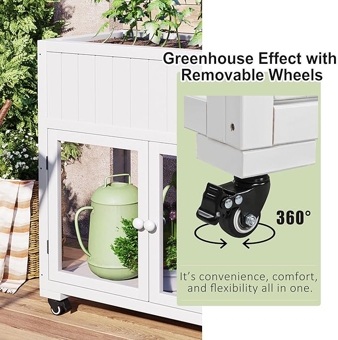Christopher Knight Home Belfast Small Patio Cold Frame Fir Wood Greenhouse Compact 2 Doors Garden Greenhouse with Wheels Raised Bed with Liner Cold Frame Potting Cabinet for Balcony Yard White