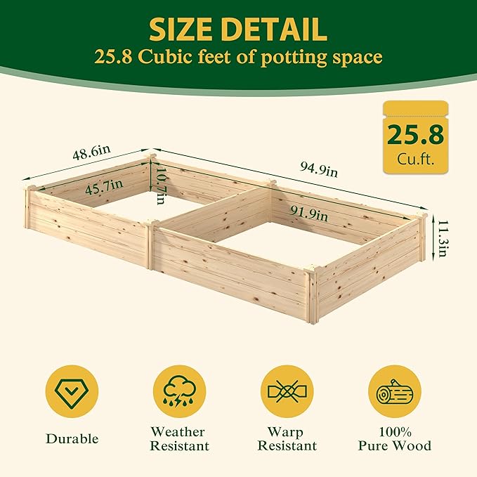 BlueWish Outdoor Wooden Garden Bed Raised Garden Bed with Bottomless Divisible Planter Boxes for Gardening Vegetable Flower 95''L x 49''H x 11''W