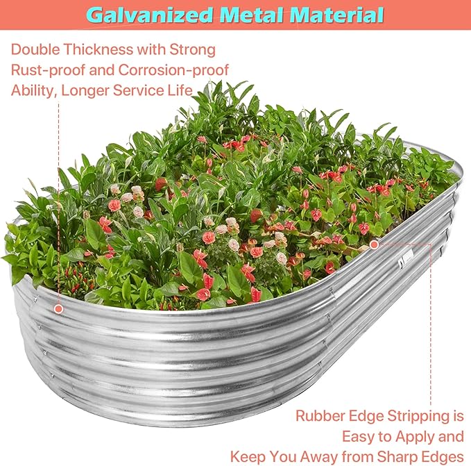 HKLGorg Galvanized Raised Garden Bed 6 x 3 x 1ft Galvanized Metal Planter Box Oval Large Raised Garden Beds for Flowers Vegetables and Fruits Rustproof Planter Box with No Bottom Silver