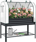 Outsunny Galvanised Raised Garden Bed with Greenhouse Cover Metal Elevated Garden Bed with Legs Bed Liner and Bottom Shelf Outdoor Raised Planter Box for Vegetables Herbs Flowers Black