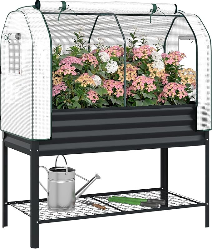 Outsunny Galvanised Raised Garden Bed with Greenhouse Cover Metal Elevated Garden Bed with Legs Bed Liner and Bottom Shelf Outdoor Raised Planter Box for Vegetables Herbs Flowers Black