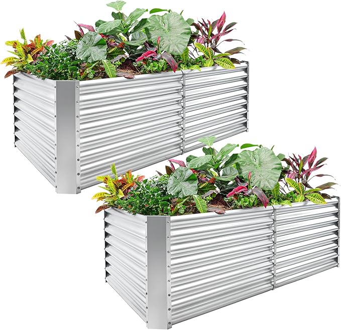 Land Guard 2 Pack 6×3×2 ft Galvanized Metal Raised Garden Bed 2FT Deep Root Elevated Planter Box Steel Large Vegetable Flower Bed Kit Silver