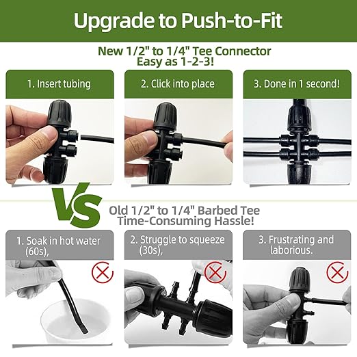 100FT 1/2 Inch Drip Irrigation Tubing with 10 Pack 1/2 to 1/4 Drip Irrigation Fittings Drip Line Hose &amp Push-to-Fit 3-Way | 4-Way | 6-Way Splitter Connectors for Drip Irrigation System