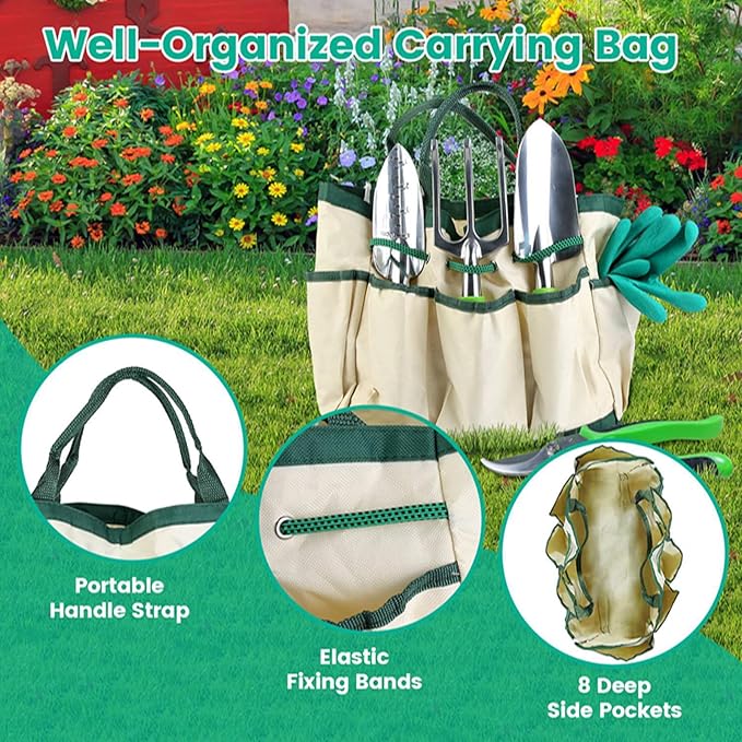 KOCASO Gardening Tools Set 13 Pcs Heavy Duty Gardening Hand Tools Starter Kit with Garden Bag Aluminum Alloy Garden Handle Tools for Plant Gardening for Plant Gardening Garden Gifts for Women Men