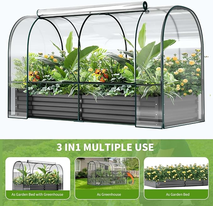 DoCred Galvanized Raised Garden Bed with PVC Cover 72.8 x 37.4 x 47.2 Metal Planter Bottomless Box w/ Roll-Up Window Mini Greenhouse Tent for Outdoor Growing Vegetables Flower Fruit