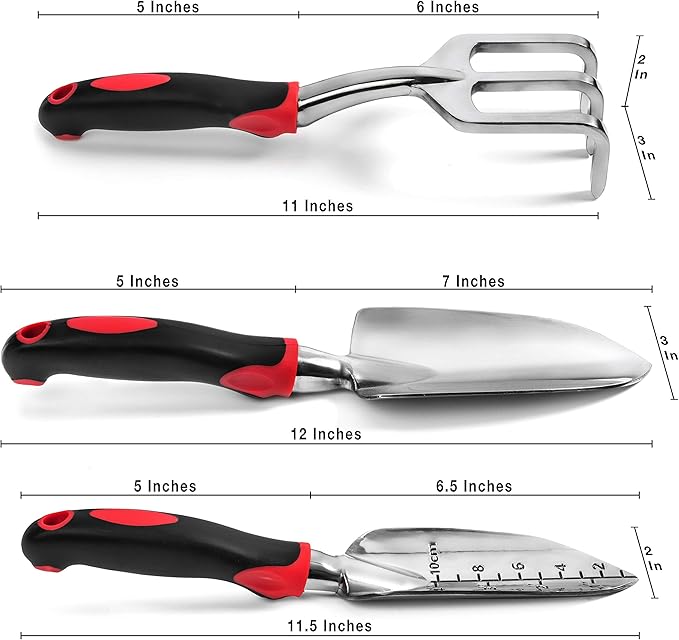 Hand Tools Set of 3 Heavy Duty Cast Aluminum Garden Tools with Ergonomic Handles Kit Includes 2 Trowels 1 Cultivator Hand Rake (3 Piece) Small Shovels for Gardening