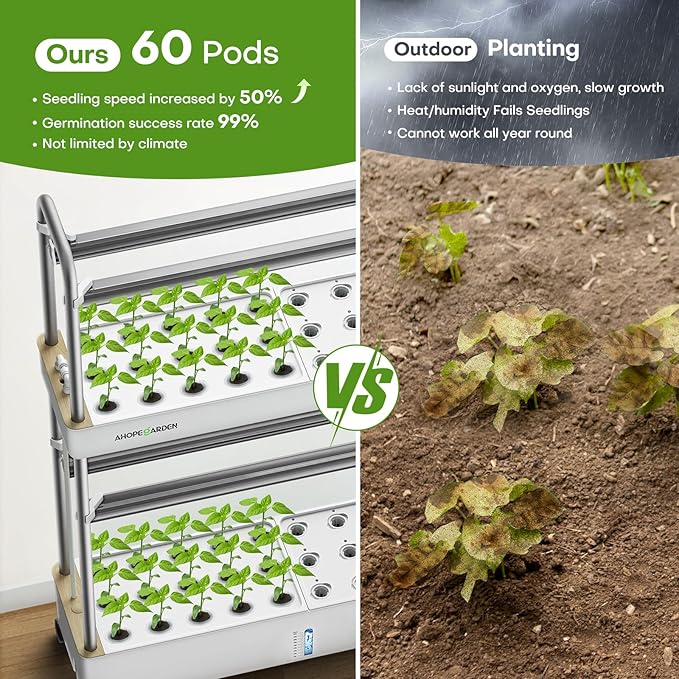 Indoor Garden Hydroponics Growing System 60 Pods Vertical Garden with LED Grow Light - Plant Germination Kit Aeroponic Veggie Flower Fruit Growth with Smart Socket &amp Pump System for Home