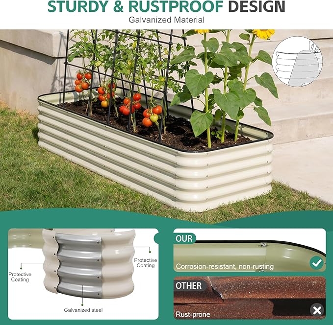 5 in 1Galvanized Raised Garden Bed - 8x3x1.4ft Modular Garden Planter Bed Outdoor | Steel Raised Bed Kit with Bracing Rods Gloves for Gardening Vegetables Fruits and Flowers - White