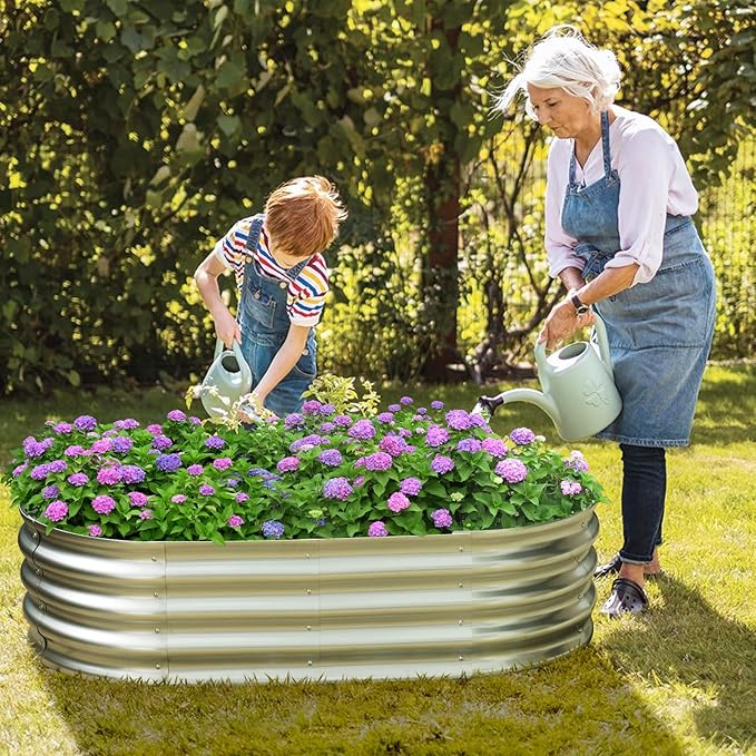 HGD Galvanized Raised Garden Bed for Outdoor: 4X2X1ft Durable Metal Vegetable Plant Container Kit - Oval Planter Box for Gardening Flower Trough (2 Pack)