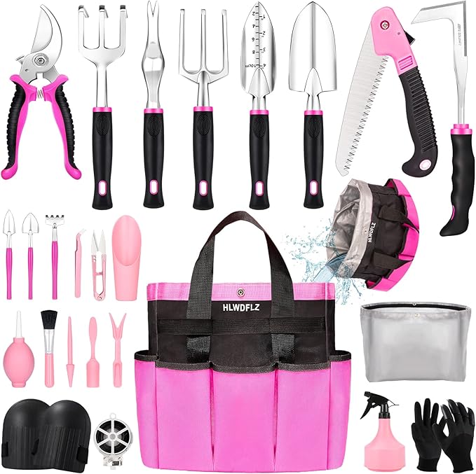 Pink Garden Tool Set Gardening Items for Women - 24PCS Heavy Duty Garden Tools with Detachable Storage Bag Succulent Tool Set Weeder