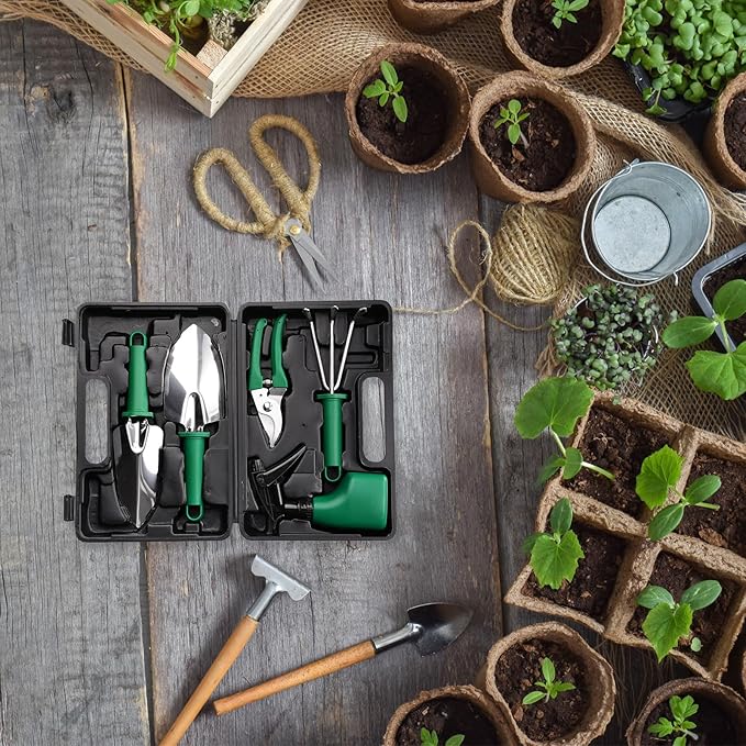 HARFINGTON 1 Set Garden Tool Set 5 Pieces Plastic Gardening Planting Tools Kits with Shovels Rake Scissor Water Sprayer and Store Case Dark Green