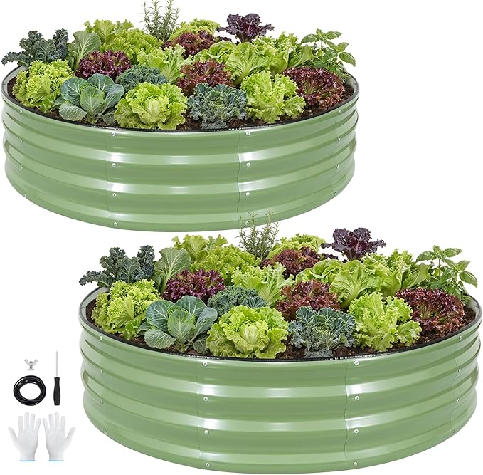 Galvanized Raised Garden Bed Outdoor 2Pcs | 4x4x1ft Metal Raised Beds for Gardening with Safety Rubber Strip | Round Planter Box for Plants Like Vegetables Fruits Flowers Olive Green