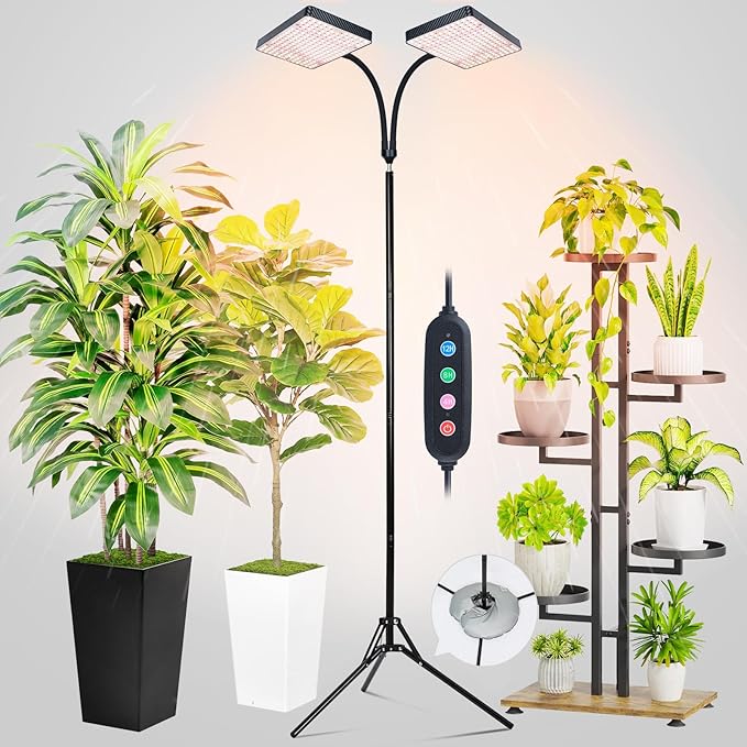 2026 2Head Full Spectrum Grow Light with Stand 50 Watt Bright Grow Lights for Indoor Large Plants Tall Bonsai Tree Auto On/Off Daily Timer(4/8/12/16/20H) Adjustable Stand 24-78