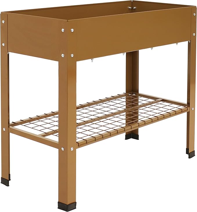 Sunnydaze Galvanized Steel Raised Garden Bed - Set of 2 Elevated Planter Boxes - Individual or Connected Use - Features Lower Storage Shelf - Brown