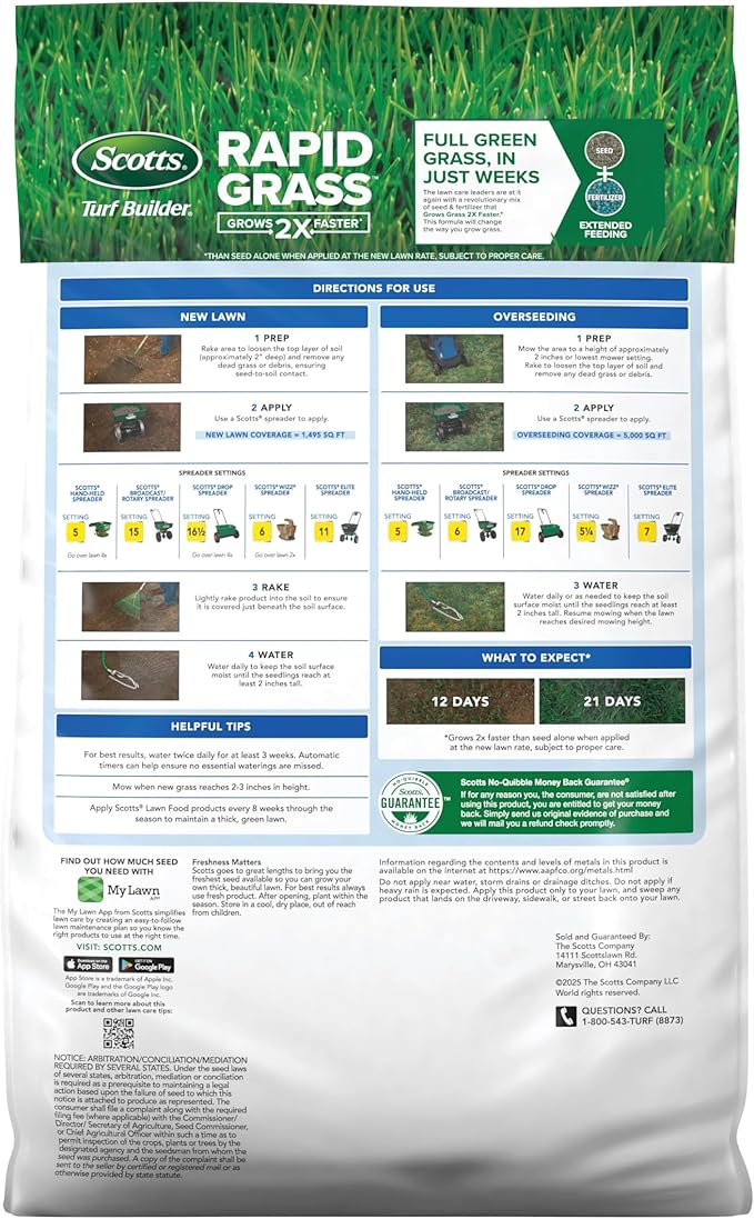 Scotts Turf Builder Rapid Grass Sun and Shade Mix Grass Seed with Fertilizer for Full Green Grass in Just Weeks 10 lbs.