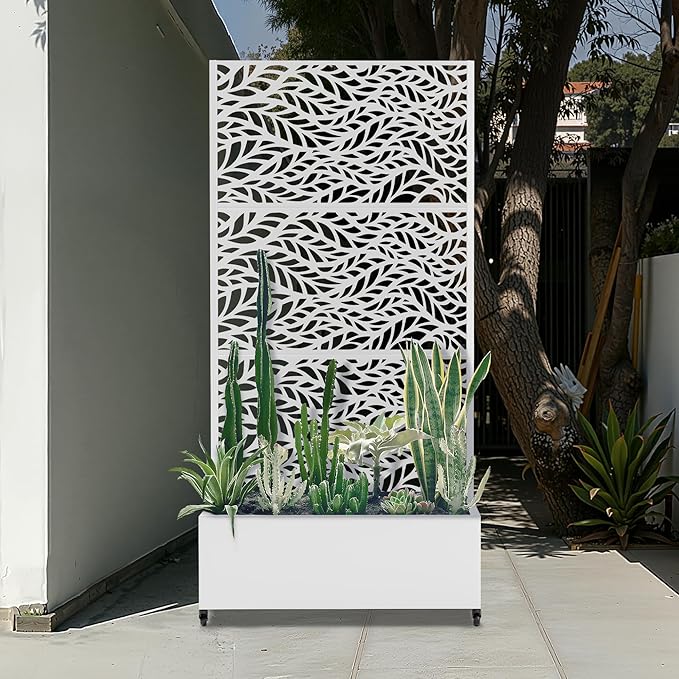 Metal Standing Planter Box with Trellis Privacy Planter for Patio Outdoor Raised Garden Beds with Trellis for Climbing Plants Garden Boxes with Wheels &amp Drainage Holes (35L White Spring)