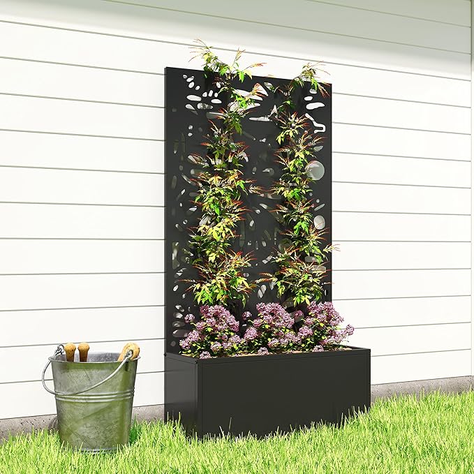 Outsunny Metal Raised Garden Bed with Trellis for Climbing Plants Freestanding or Wall Mounted Flower Bed with Privacy Panel Butterfly Cut-Out Outdoor Planter Box for Garden Patio Balcony