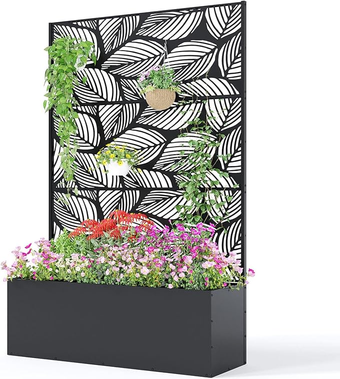 Metal Planter Box with Trellis 71X47X16 Privacy Planter for Patio Large Raised Garden Bed with Privacy Screen for Climbing Plants with Drainage Holes 15.7 Deep Planting Bed
