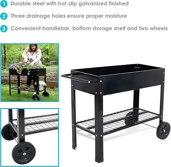 Sunnydaze 43-Inch Galvanized Steel Raised Garden Bed with Legs - Outdoor Elevated Planter Box with Wheels for Vegetables - Black