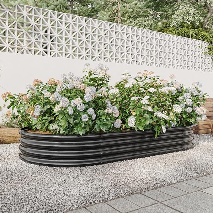 Raised Garden Bed Outdoor Creating Beautiful Flower beds Oval Large Metal Raised Planter Bed for Plants Vegetables and Flowers - Black