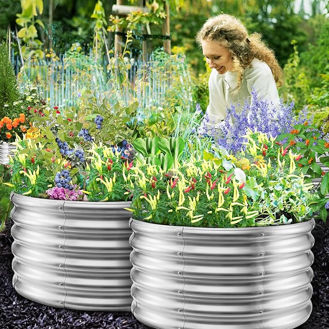 17 Tall Round Outdoor Garden Raised Garden Bed Kits-0.8MM Thick Metal Raised Planter Bed/Ground Planter Box for Variety of FlowersHerbsVegetablesTrees (Silver 32 Dia X 16.5 inches)