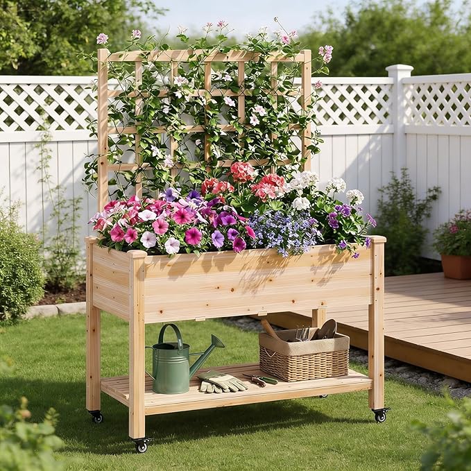 COSTWAY Wooden Raised Garden Bed with Trellis Mobile Elevated Planter on Wheels 285 lbs Capacity with Liner &amp Drainage Holes Freestanding Outdoor Box for Climbing Plants Vegetables &amp Herb
