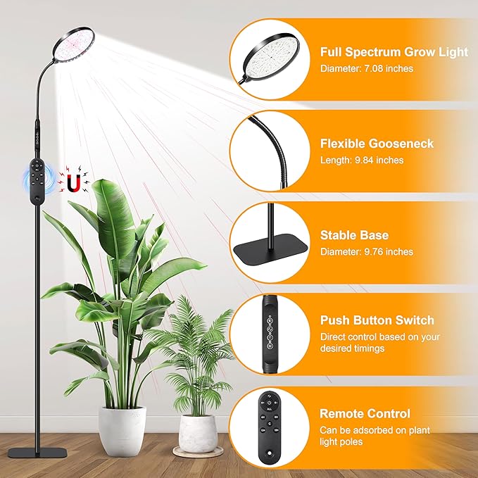 Floor Grow Lights for Indoor Plants Full Spectrum Plant Light with Stand for Growing Large Tall Plants Grow Lamps with 4/8/12/18H Timer 3 Light Modes 10 DimmingHeight Adjustable Black