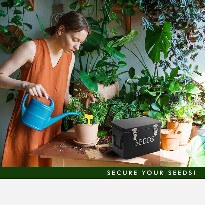 Garden Seed Storage Box with Dividers Seeds Packet Organizer Case for Gardening 3 Inner Slot Bird Plant or Vegetable Seed Container Saver Tin – Black Galvanized Metal with Envelopes &amp Labels
