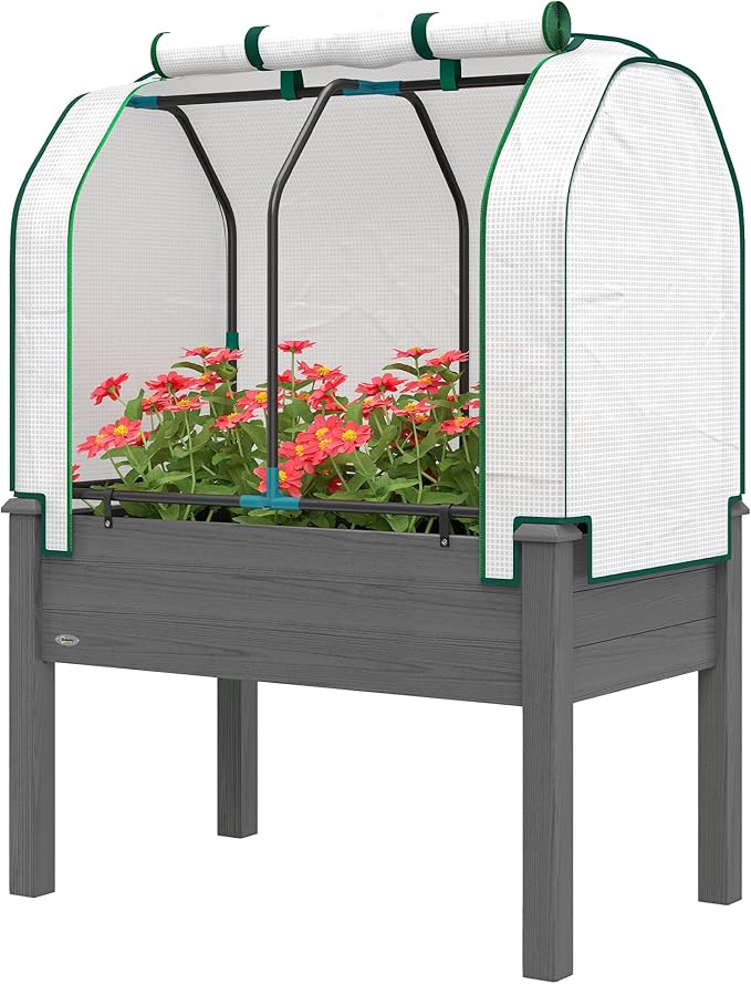 Raised Garden Bed with PE Greenhouse Cover for Outdoor Gardening - Warm Protective Cold Frame for Plants Flowers &amp Vegetables Solid Wood &amp Steel Frame Roll-Up Design (Dark Gray)