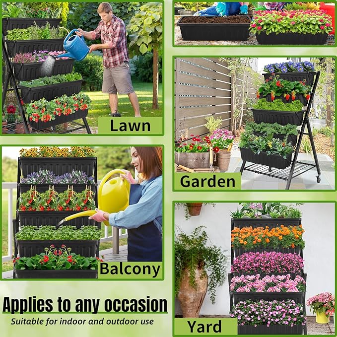 Homdox 4FT Vertical Garden Bed 5 Tiers Vertical Raised Garden Planter 25.6 * 26 * 48Inch Garden Raised Bed with 4 Hooks &amp 4 Wheels Vegetable Flower Planter Raised Stand Black with Storage Rack