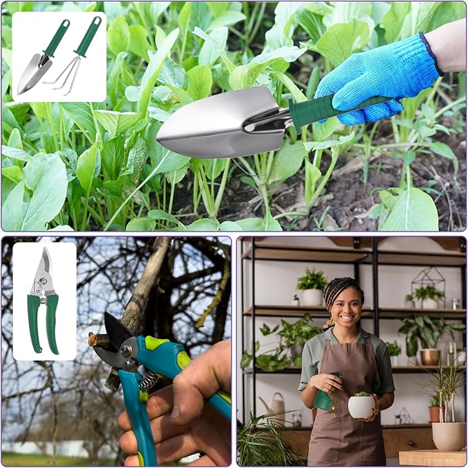 HARFINGTON 1 Set Garden Tool Set 5 Pieces Plastic Gardening Planting Tools Kits with Shovels Rake Scissor Water Sprayer and Store Case Green