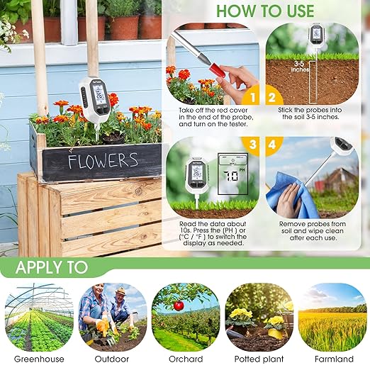 4-in-1 Soil Moisture Meter Digital Plant Temperature/Soil Moisture Test &amp PH Meter/Sunlight Intensity Backlight LCD Display for Gardening Farming and Outdoor Plants