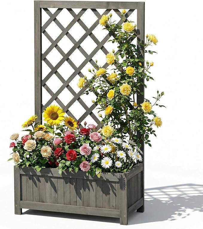 Wooden Raised Garden Bed with Trellis 40 Outdoor Planter Box for Climbing Plants Vertical Modern Gray Garden Planter for Vegetables Flowers &amp Vines Lattice Plant Support for Patio Yard Balcon