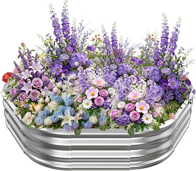 Hexagon Raised Garden Bed 48 Inch Diagonal &amp 12 Inch Tall Galvanized Steel Planter Box with Wave-Shaped Metal Panels for Outdoor FlowerTreeHerb &amp Vegetable Garden (Silver 4FT X 1FT)