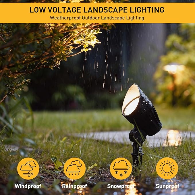 GOLDEN STAR Low Voltage Landscape Lights 5W 400 Lumen 2700K Warm White Outdoor LED Spotlights 12V Flood Lighting with Connector and Stake 8401-2650-G02
