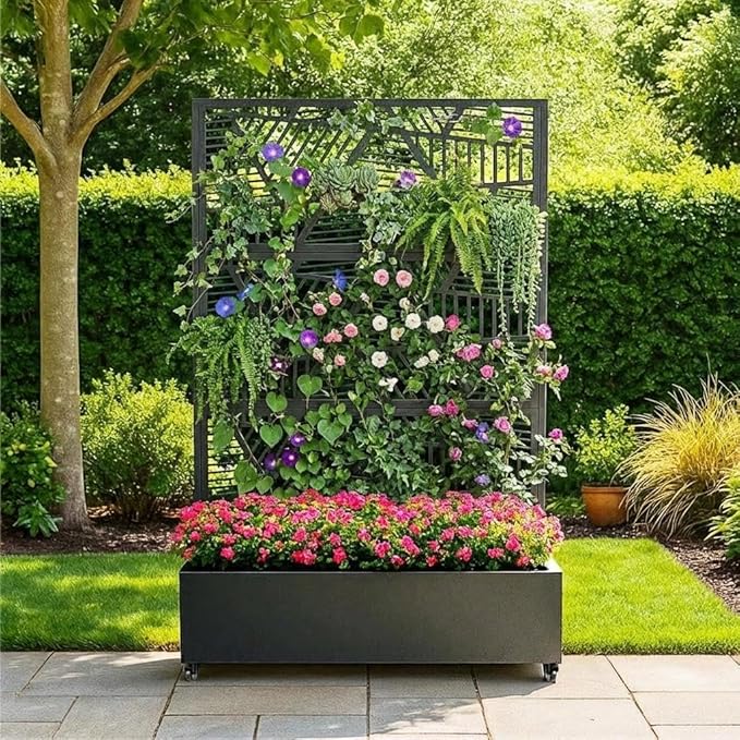 Outdoor Metal Privacy Screen with Trellis &amp Planter Box – 72 x 47 3-Panel Raised Garden Bed on Wheels with Drainage Patio Divider for Climbing Plants &amp Vegetables Black