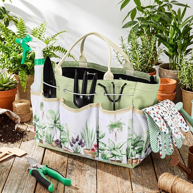 Sintuff 9 Pcs Gardening Tools Garden Kneeler with Soft Kneeling Pad Heavy Duty Garden Hand Tools with Fashion and Durable Tool Organizer Handbag Set Gardening Gifts for Women Mom Employees Gift