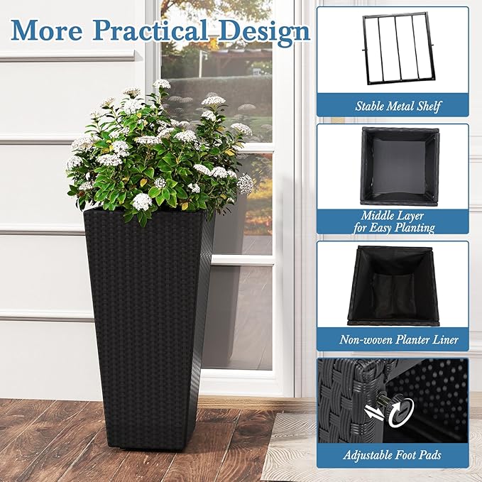 HAPPYGRILL 30 Tall Flower Pot Set of 2 Modern Decorative Planter Pots w/Open-Ended Base PE Rattan Frame Non-Woven Soil Bag Square Textured Flower Pots for Outdoor Garden Patio Front Porch