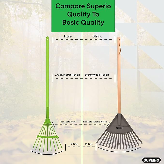 Superio Kids &amp Adult Set Rakes with Hardwood Handle Durable Plastic Head to Sweep Leaves in Lawn and Tidying Up The Garden Kids Size 34 Adult Size 61