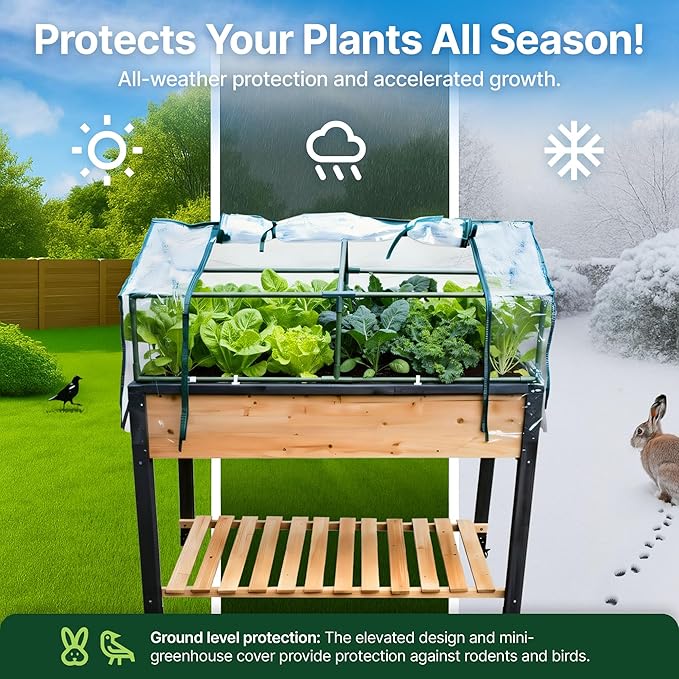 GOJ Raised Garden Bed Wood 48x24x32 inch with Greenhouse &amp Lockable Wheels - Elevated Wood Planter Box for Outdoors Vegetable Flower Bed Herb Planter - 400 lbs Capacity
