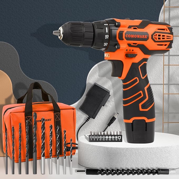 COMOWARE Cordless Drill Set 12V Power Drill with Battery &amp Charger 3/8 Keyless Chuck 23Pcs Driver Bits Orange Storage Bag included