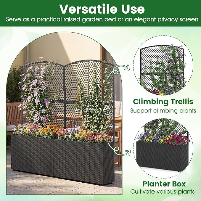 Happygrill Raised Garden Bed with Trellis 58 Wicker Planter Box with Privacy Screen Liner Drainage for Patio Balcony Outdoor PE Rattan Elevated Garden Bed for Climbing Plant Vine Flower (Black2)