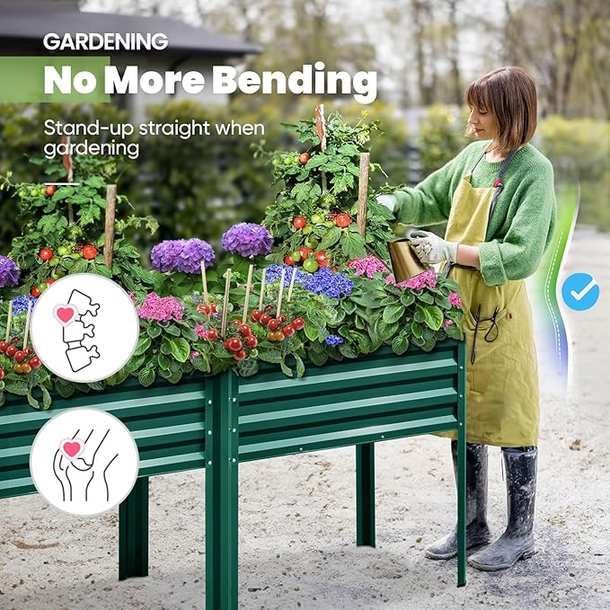 KING BIRD Raised Garden Bed with Legs Galvanized Large Elevated Planter Box for Backyard Patio Balcony 600lb Capacity Green 70.9x22.8x31.5 in